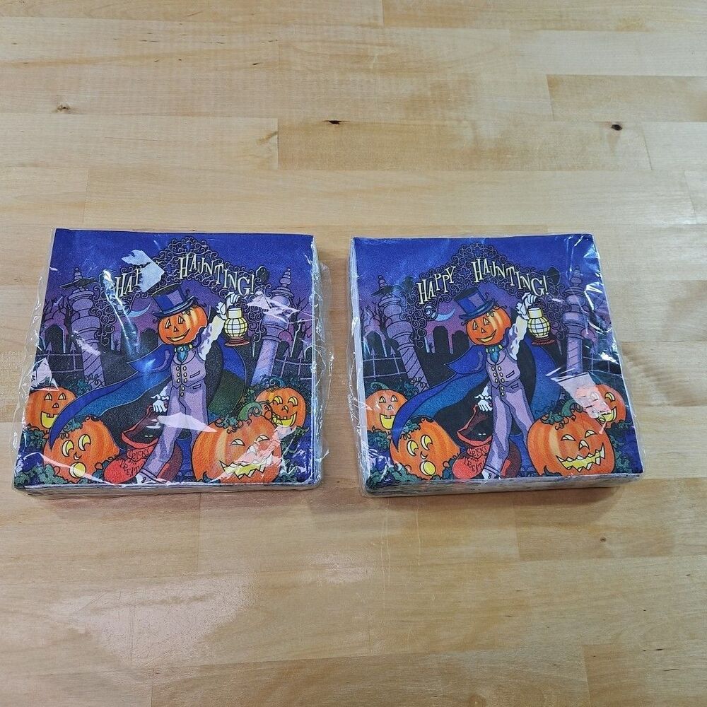 Lot Of 2 Vintage Halloween Happy Haunting Napkins Jack o Lantern Pumpkins